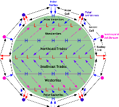 Simplified
	  global three-cell surface and upper air circulation
	  patterns