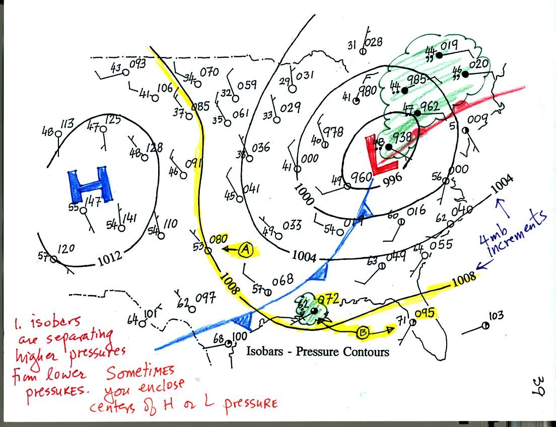 surface map with isobars and fronts